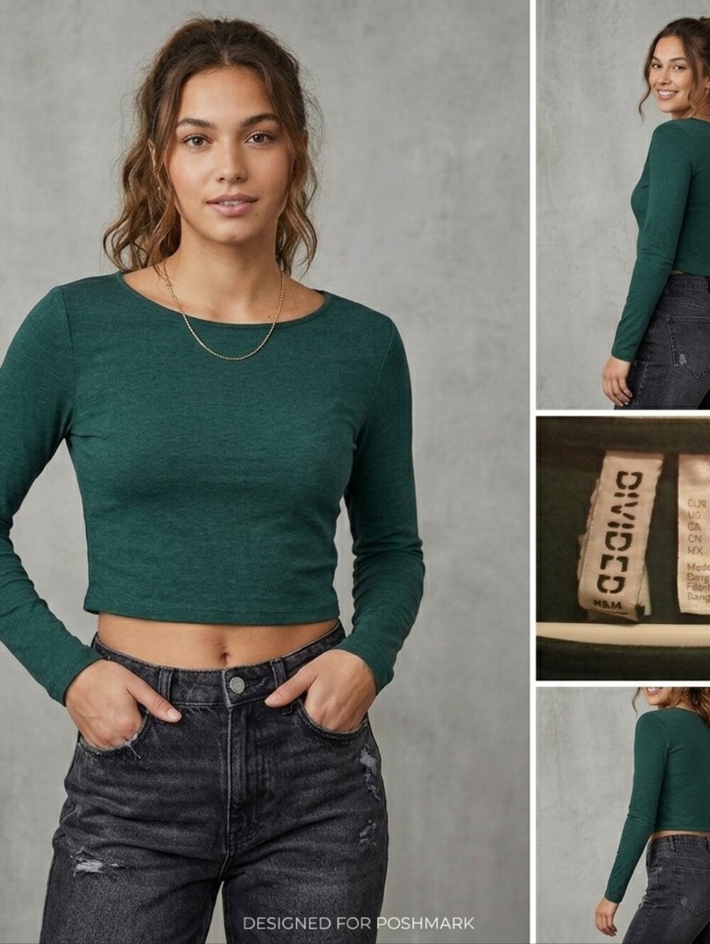 ​H&M DIVIDED Emerald Forest Green Long Sleeve Cropped Top - Size Large